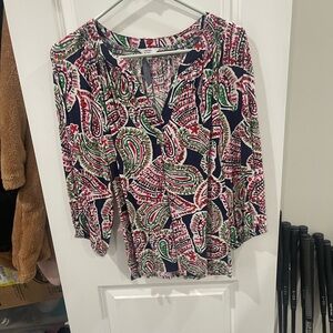 crown & ivy Navy Paisley Tunic Blouse with Pink and Green Accents